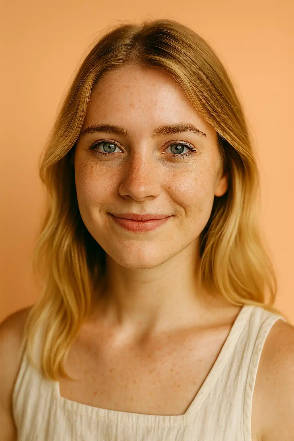 jenny-watson Portrait of Jenny Watson smiling gently against a soft peach background, wearing a natural linen top. Her light blonde hair and calm expression reflect warmth, simplicity, and authenticity—perfectly capturing the spirit behind Jarful Memories.