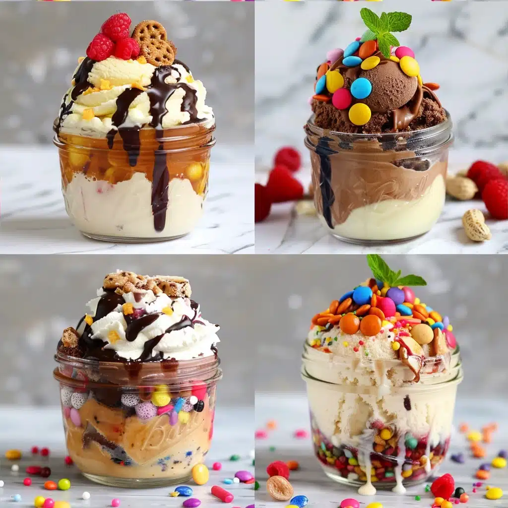 Four ice cream sundaes layered with toppings and served in a mason jar on a marble surface.