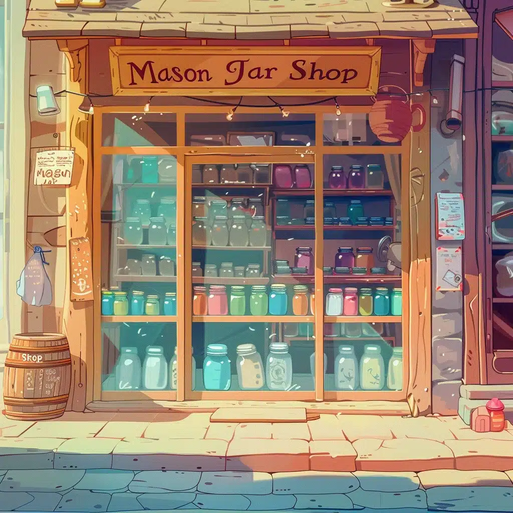 mason-jar-shop An illustrated mason jar shop with colorful shelves and one prominently displayed massive mason jar.