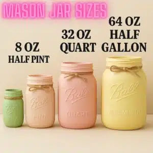 Four pastel-colored Ball jars labeled with Mason Jar sizes : 8 oz, 32 oz quart, and 64 oz half gallon.