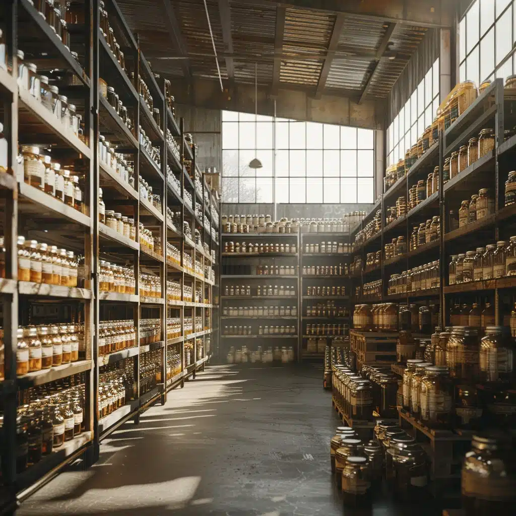 mason-jar-warehouse Rows of industrial shelves filled with mason jars of various sizes in a large mason jar warehouse, illustrating mason jar specifications.