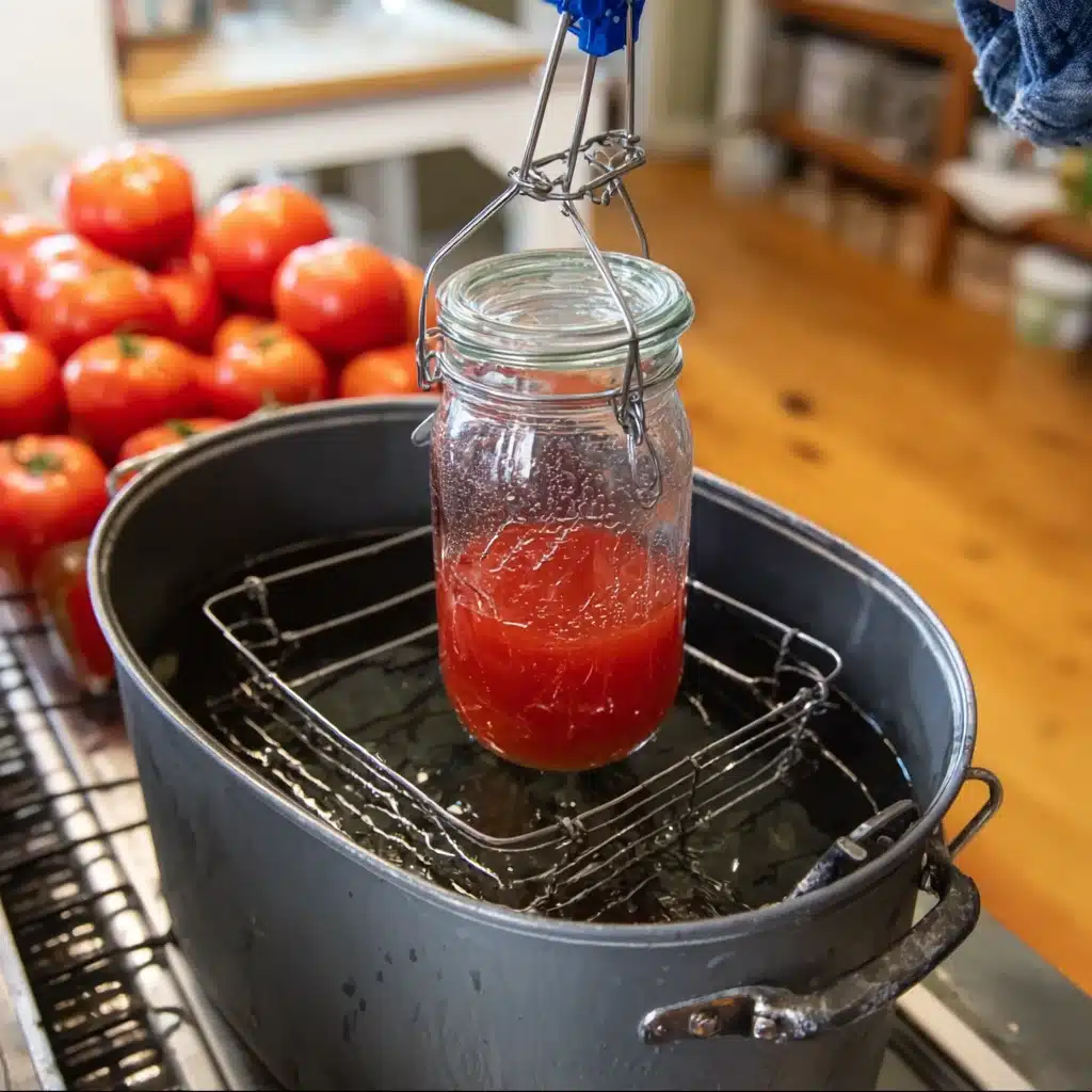 Sterilizing-a-Mason-jar Sterilized Mason jar with tomato sauce being lifted from water bath, showing how to sterilize Mason jars.