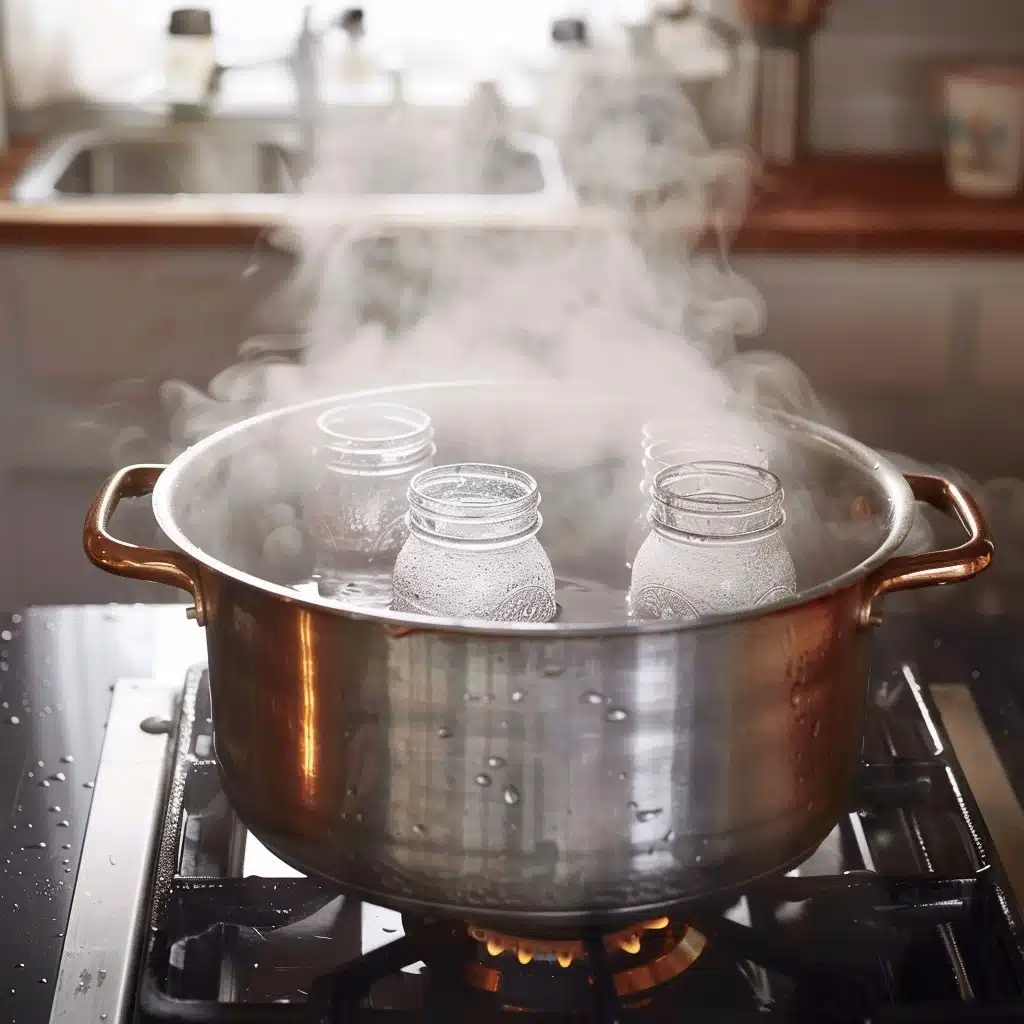 cozy-kitchen-scene Mason jars being sterilized in boiling water, demonstrating how to sterilize Mason jars.