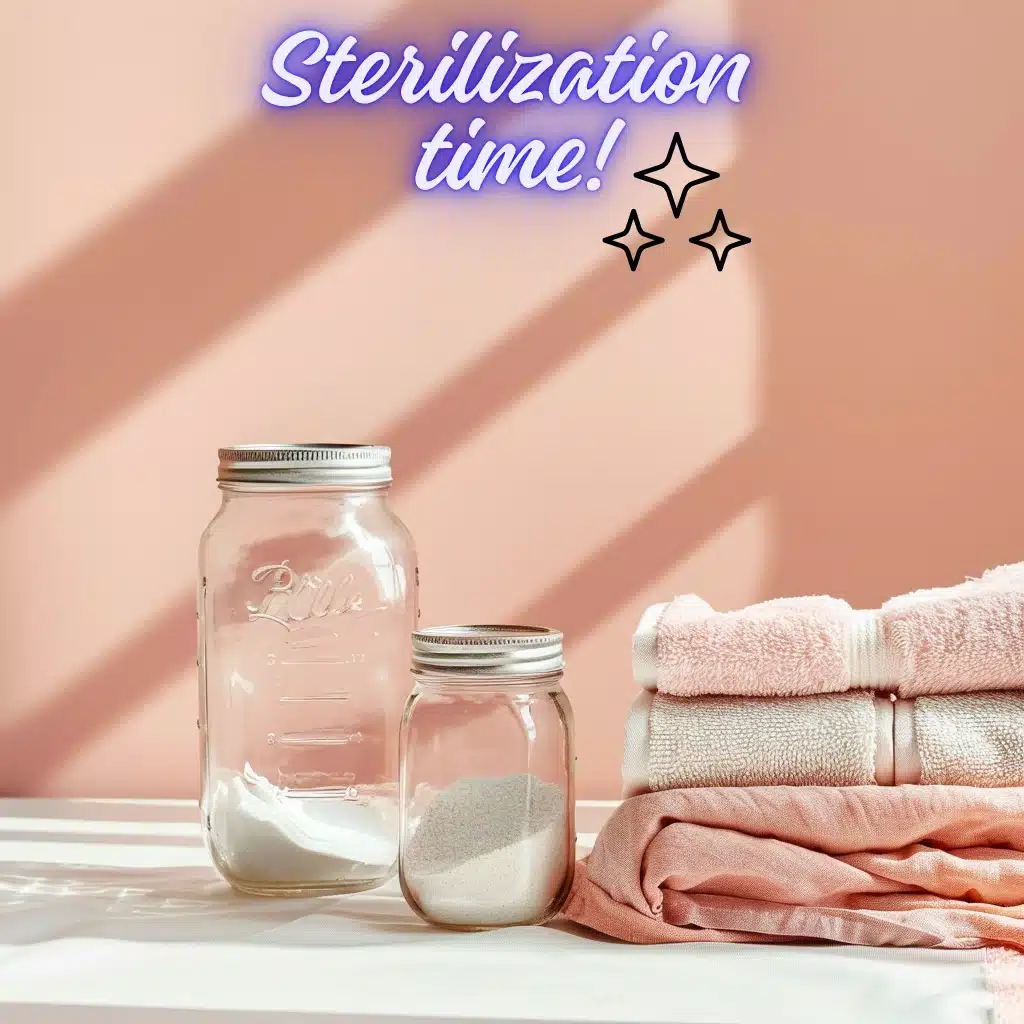 Mason jars and towels in sunlight showing a clean setup for how to sterilize Mason jars.