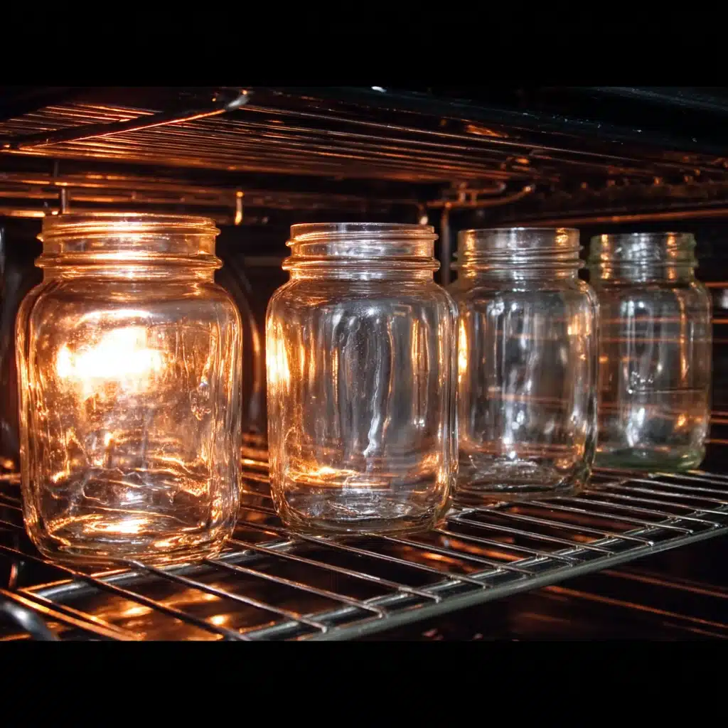 several-clean-transparent Mason jars being sterilized in an oven, illustrating how to sterilize Mason jars using heat.