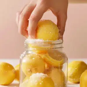 Salted lemons being tightly packed into a glass jar to start the curing process for Salt Pickled Lemons.