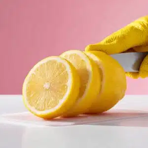 Close-up of lemons being sliced lengthwise into connected quarters for making Salt Pickled Lemons.