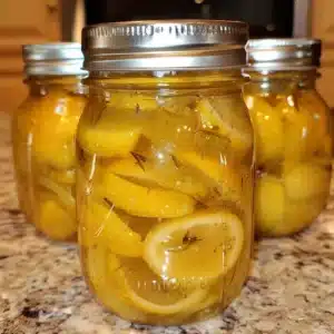 A close-up of glass jars filled with Salt Pickled Lemons, sliced and packed in brine, sealed in mason jars on a kitchen countertop.