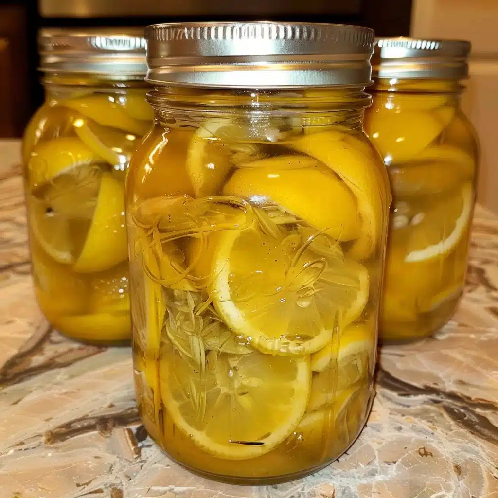 A close-up of glass jars filled with Salt Pickled Lemons, sliced and packed in brine, sealed in mason jars on a kitchen countertop.