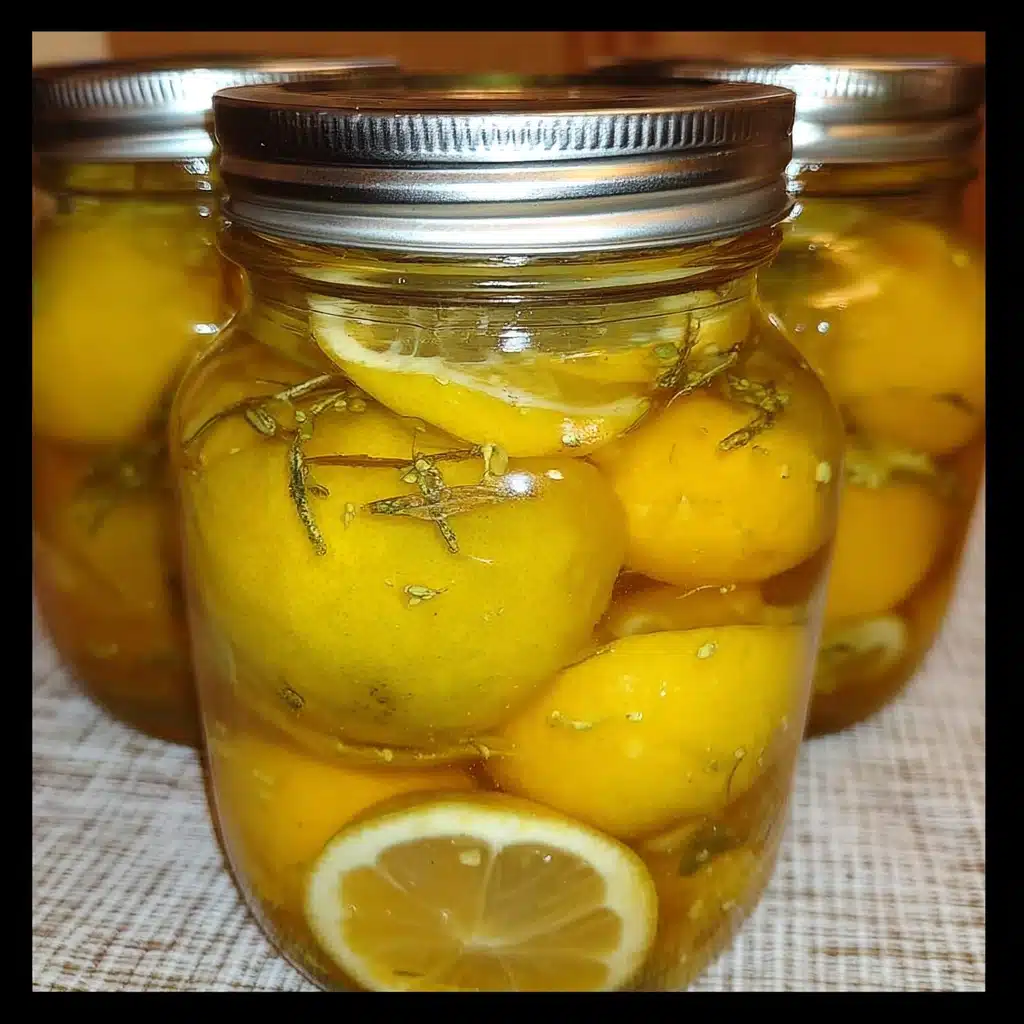 A close-up of glass jars filled with Salt Pickled Lemons, sliced and packed in brine, sealed in mason jars on a kitchen countertop.