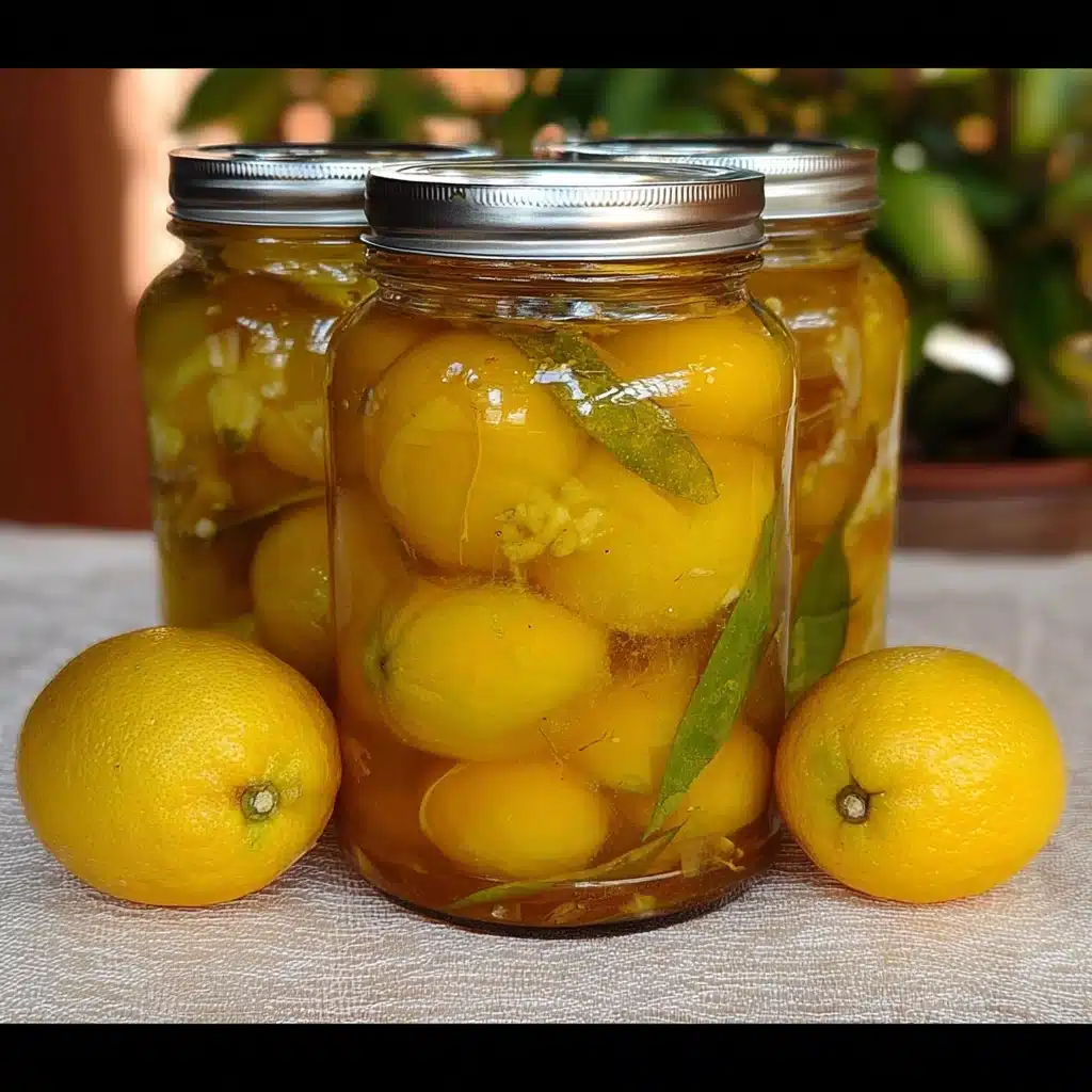 A close-up of glass jars filled with Salt Pickled Lemons, sliced and packed in brine, sealed in mason jars on a kitchen countertop.