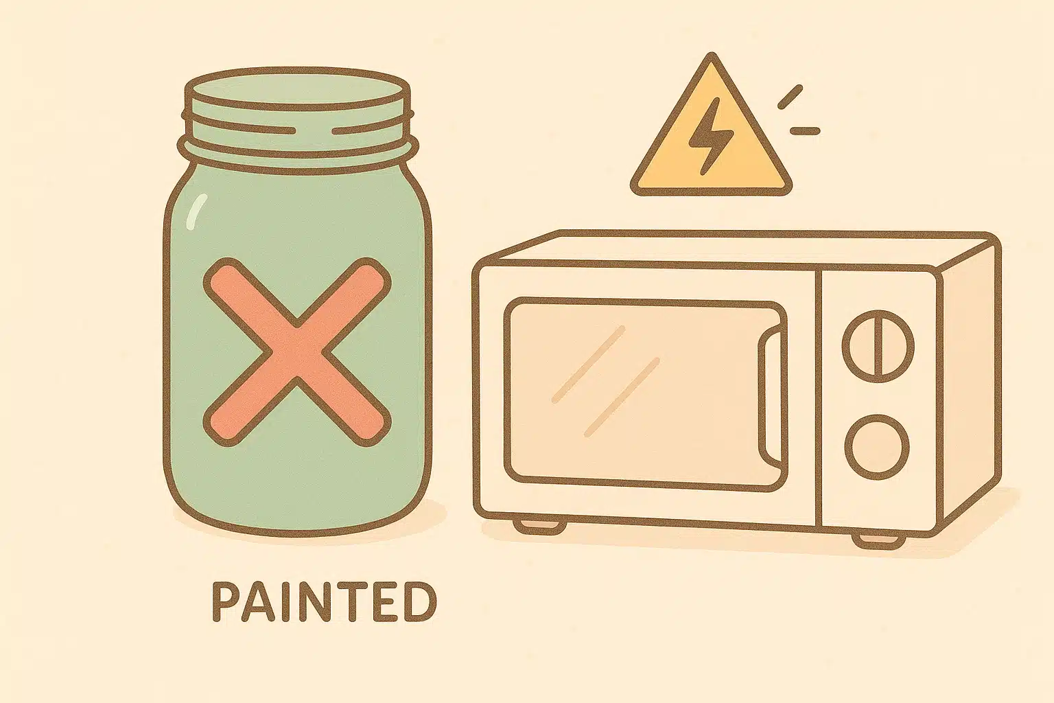 can-you-microwave-mason -jars Can You Microwave Mason Jars warning graphic showing a painted jar near a microwave with a red X