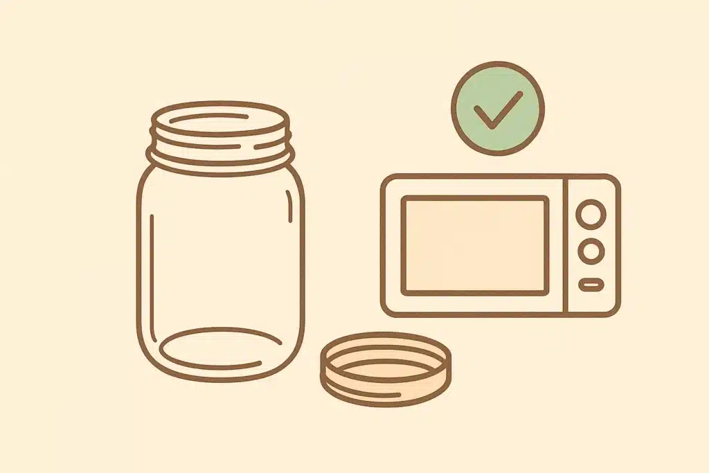 Can You Microwave Mason Jars graphic showing a jar with lid removed next to a microwave and a green check mark
