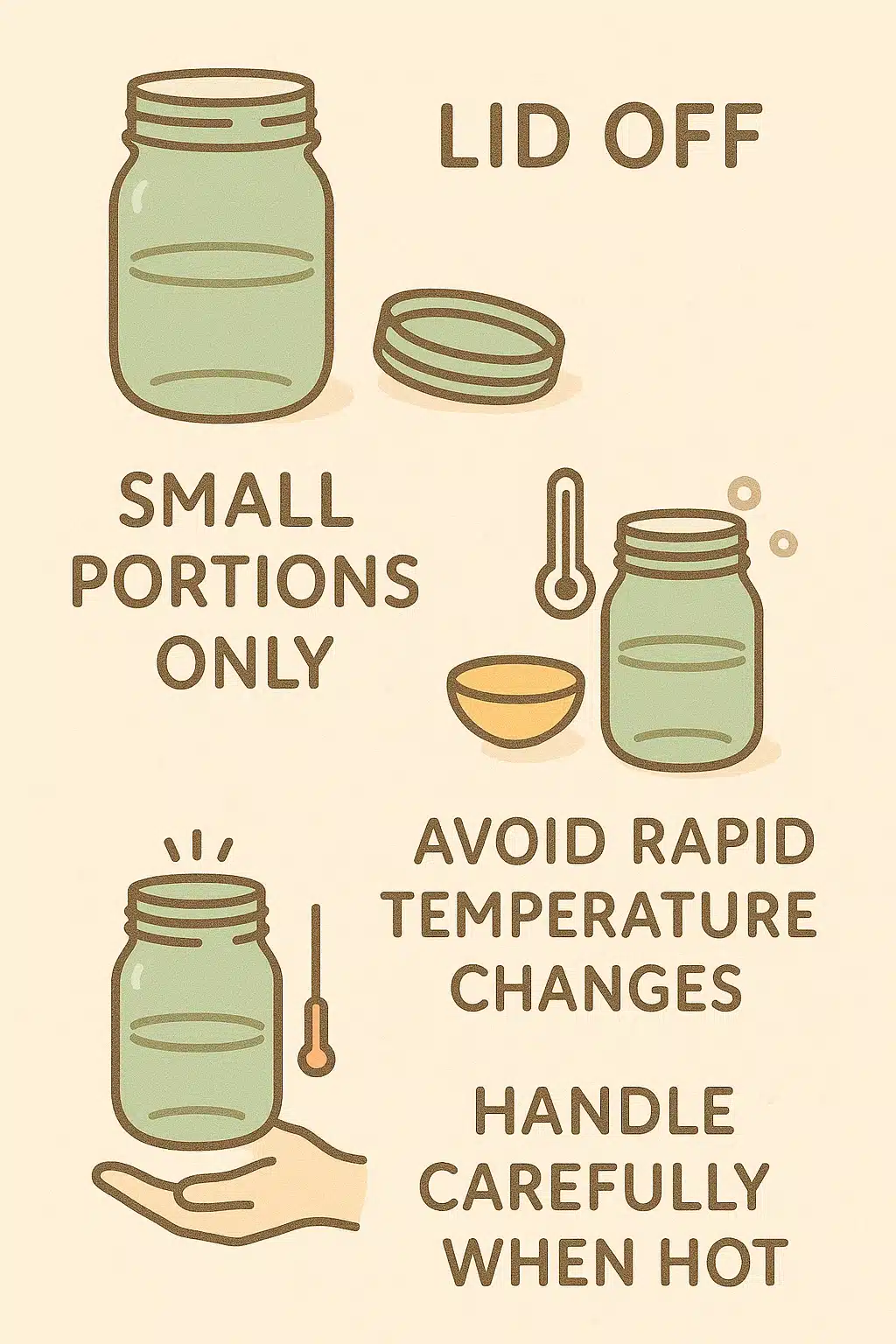 can-you-microwave-mason -jars Can You Microwave Mason Jars checklist infographic: lid off, small portions, avoid temperature shock, handle hot jar carefully