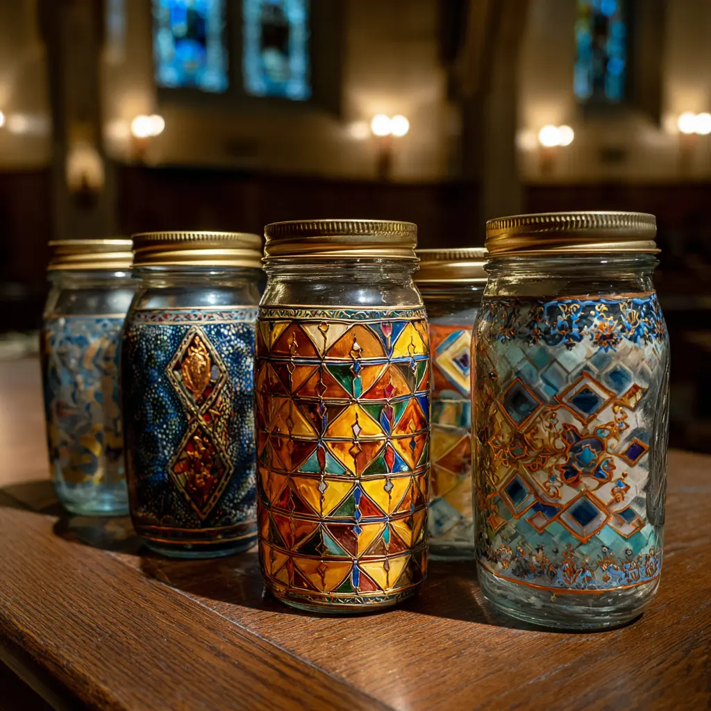 decorations-using-mason-jars Decorations using mason jars featuring stained-glass–style painted designs in warm and cool colors displayed on a wooden surface.