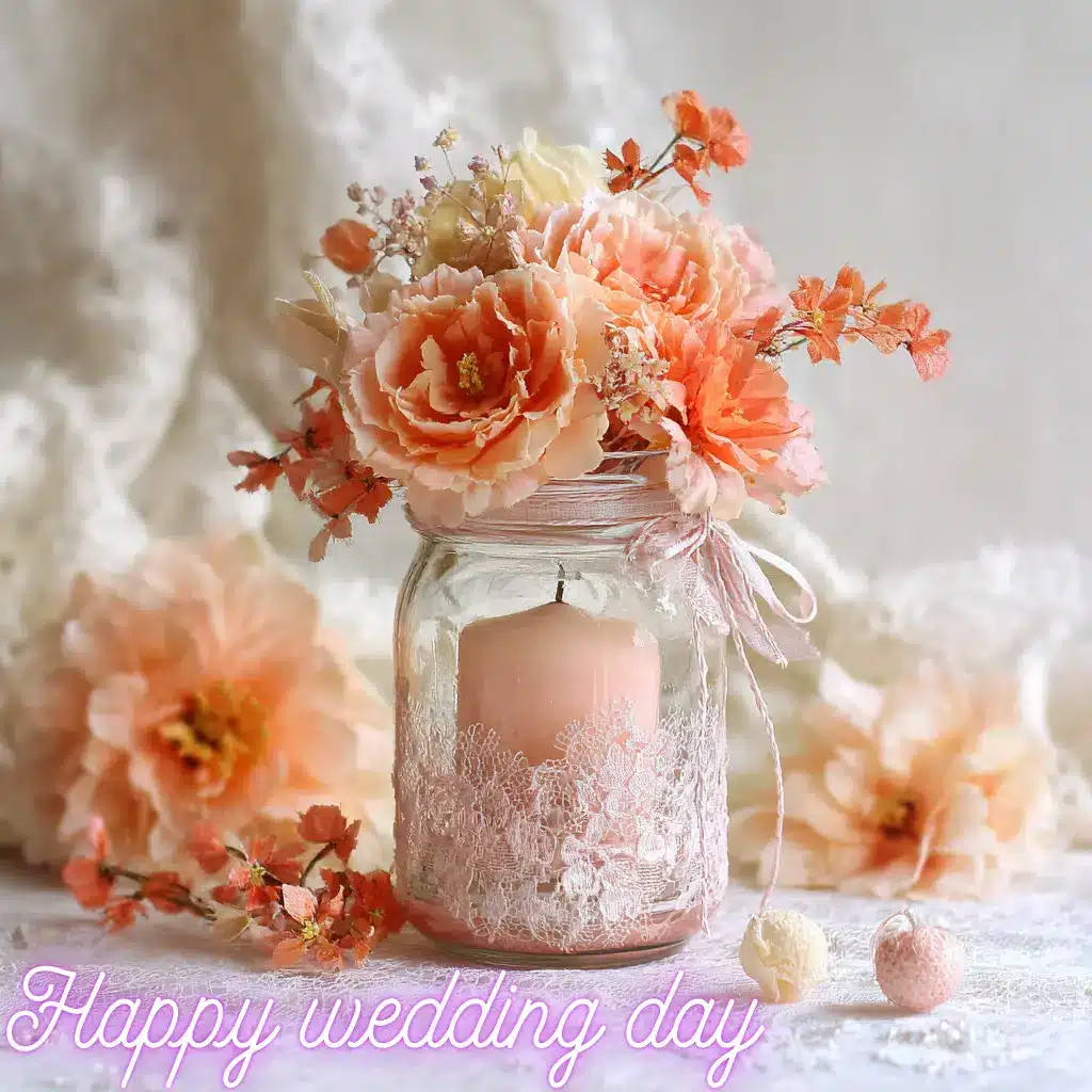 Decorations using mason jars with lace, flowers, and a candle arranged as a romantic wedding centerpiece.