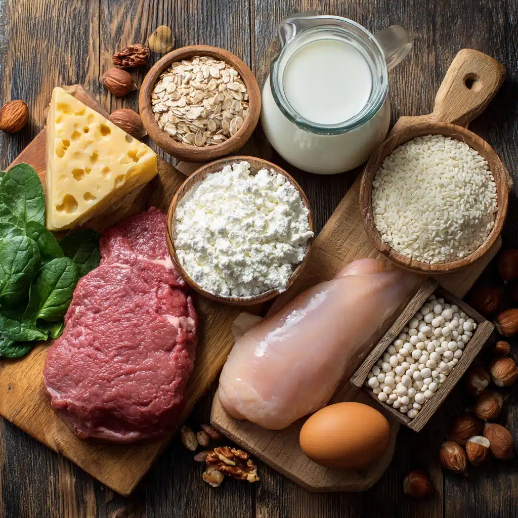 high-protein-mason-jar-salads High-protein ingredients including chicken breast, beef, eggs, cottage cheese, oats, rice, spinach, nuts, and milk arranged on a wooden board for high-protein mason jar salads.