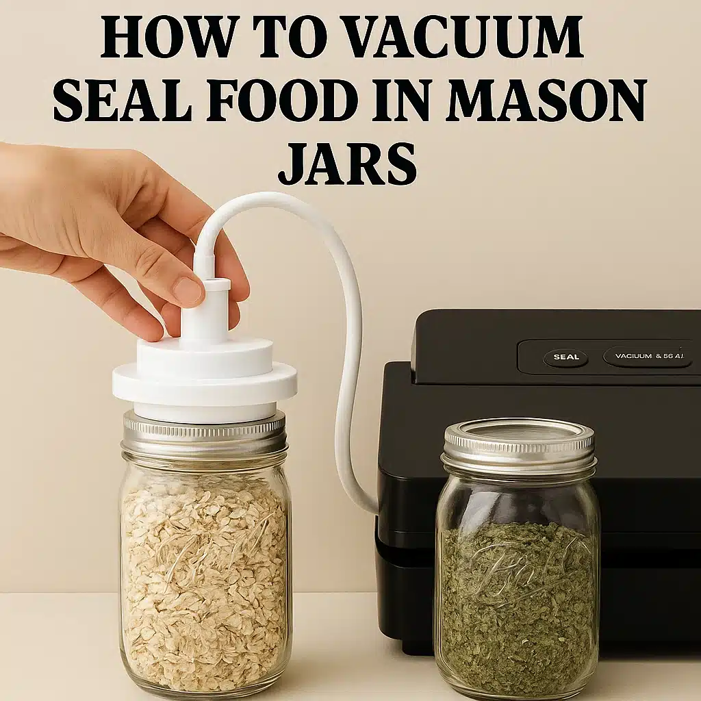 how-to-vacuum-seal-food-in-mason-jars (1) Using a vacuum sealer machine with a Mason jar attachment to remove air from food stored in Ball Mason jars for long-term freshness.