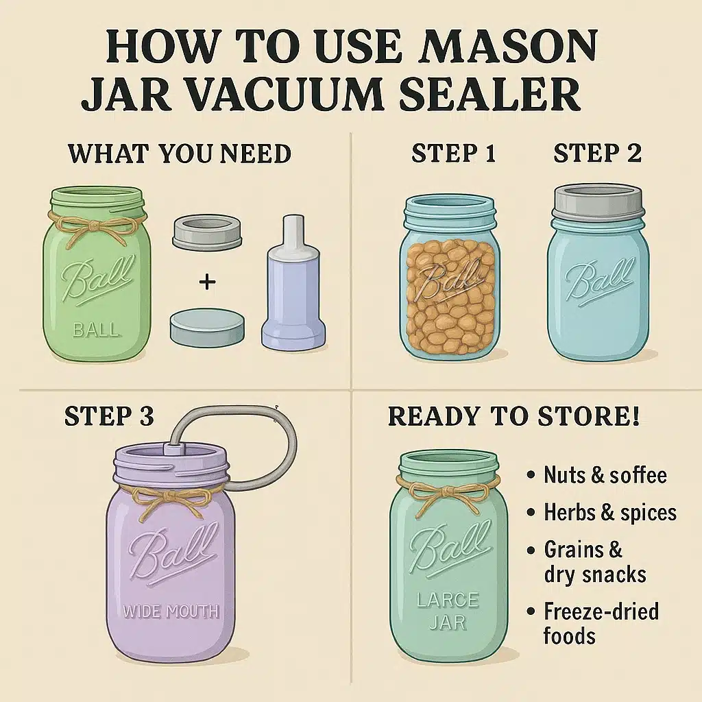 Step-by-step infographic demonstrating how to vacuum seal food in Mason jars using a vacuum sealer attachment, including tools needed and storage ideas