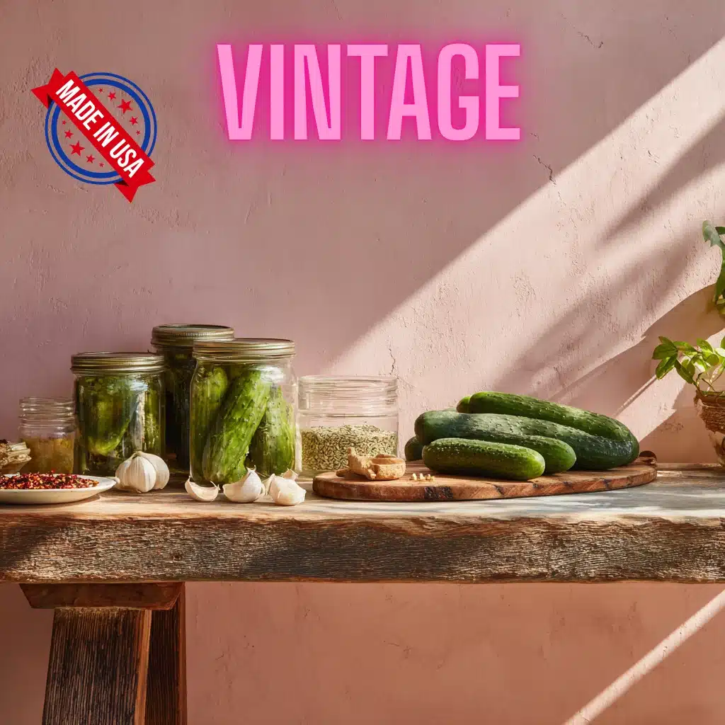 ingredients-for-omemade-korean-cucumber-pickles Vintage-style kitchen table with jars of homemade Korean cucumber pickles, fresh cucumbers, garlic, and spices on a rustic wooden surface against a soft pink wall.