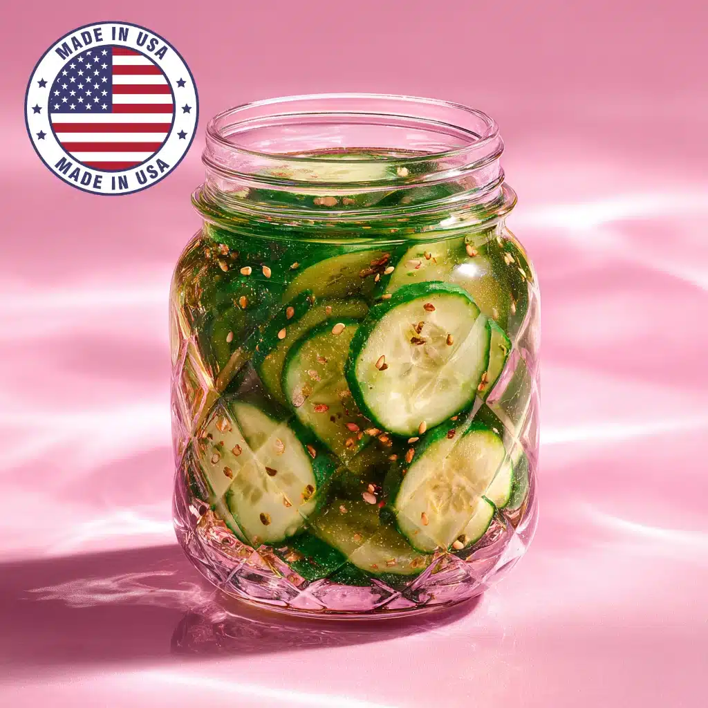 A glass jar filled with homemade Korean cucumber pickles, featuring sliced cucumbers with sesame seeds and chili flakes, glistening under soft pink light.