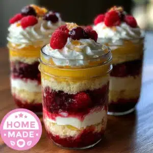 Homemade layered lemon-berry trifle served in quart size mason jars, showing bright layers of lemon cream, fresh berries, whipped topping, and soft cake crumbs.