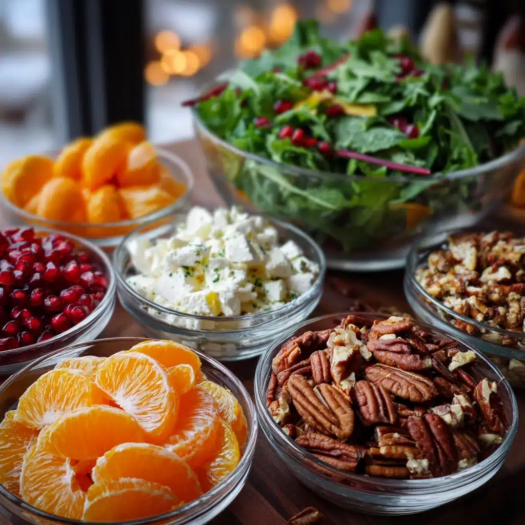 Bowls of fresh ingredients for mason jar salad recipes, including leafy greens, oranges, pomegranate seeds, feta cheese, pecans, and walnuts.