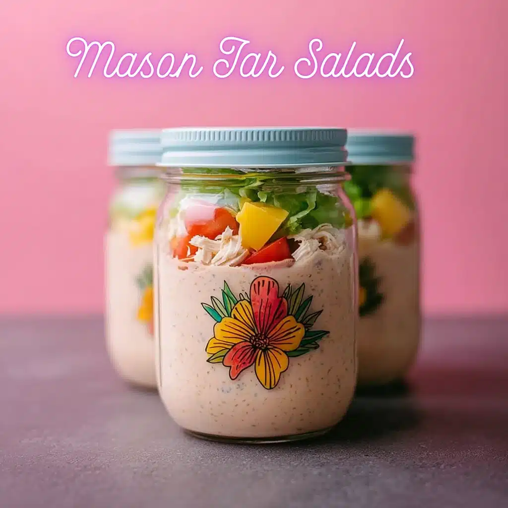 mason-jar-salads Three colorful mason jar salads layered with shredded chicken, vegetables, and creamy dressing, displayed against a pink background.