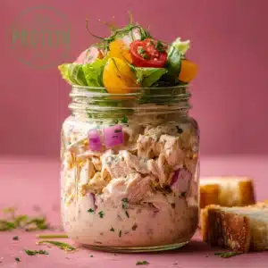 High-protein chicken salad layered in a mason jar with fresh lettuce, cherry tomatoes, and herbs, served on a pink background. Mason jar salads.