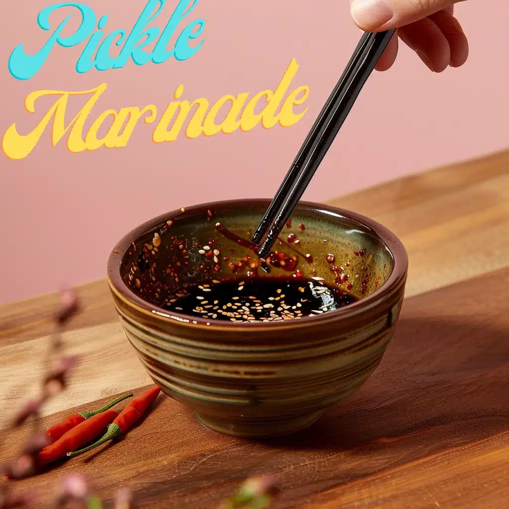 mixing-the-korean-pickle-marinade A hand mixing Korean pickle marinade in a ceramic bowl using chopsticks, with chili flakes and sesame seeds on a wooden table against a pastel pink background.