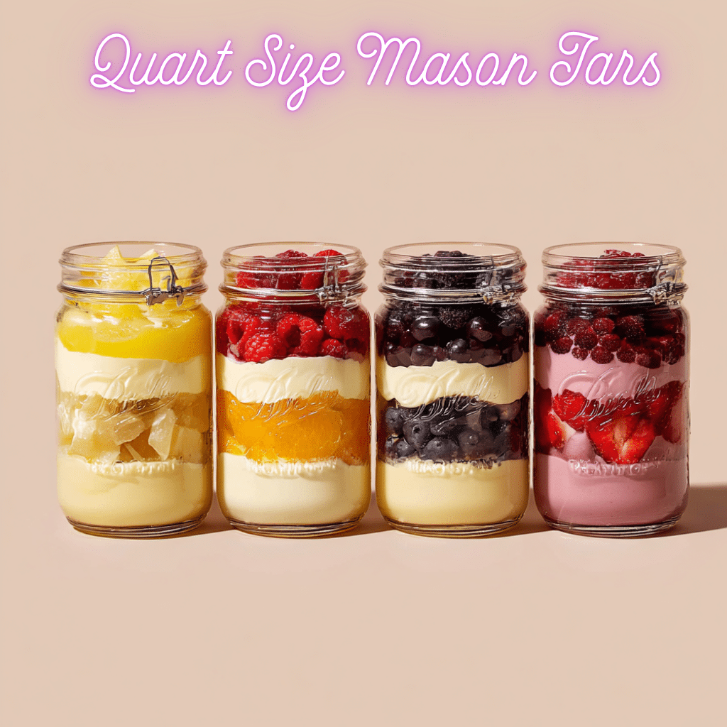 quart-size-mason-jars-layred Layered lemon-berry trifle in quart size mason jars, featuring creamy layers with fresh berries and citrus fruit arranged in clear glass jars.