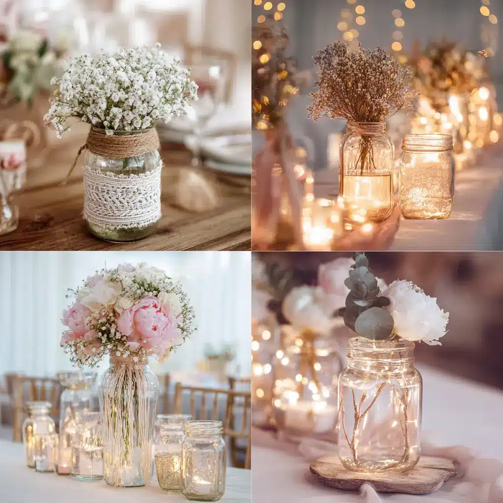 Wedding Decorations Using Mason Jars arranged with flowers, candles, and fairy lights in soft romantic settings.