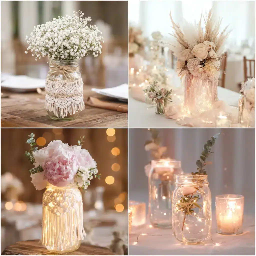 Wedding Decorations Using Mason Jars featuring flowers, macramé wraps, candles, and warm fairy lights in soft romantic arrangements.