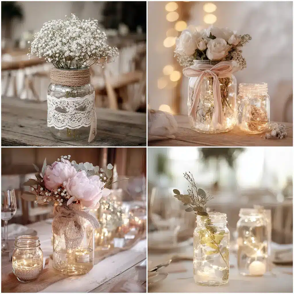 Wedding Decorations Using Mason Jars with lace, twine, fresh flowers, and warm fairy lights arranged as romantic table centerpieces.