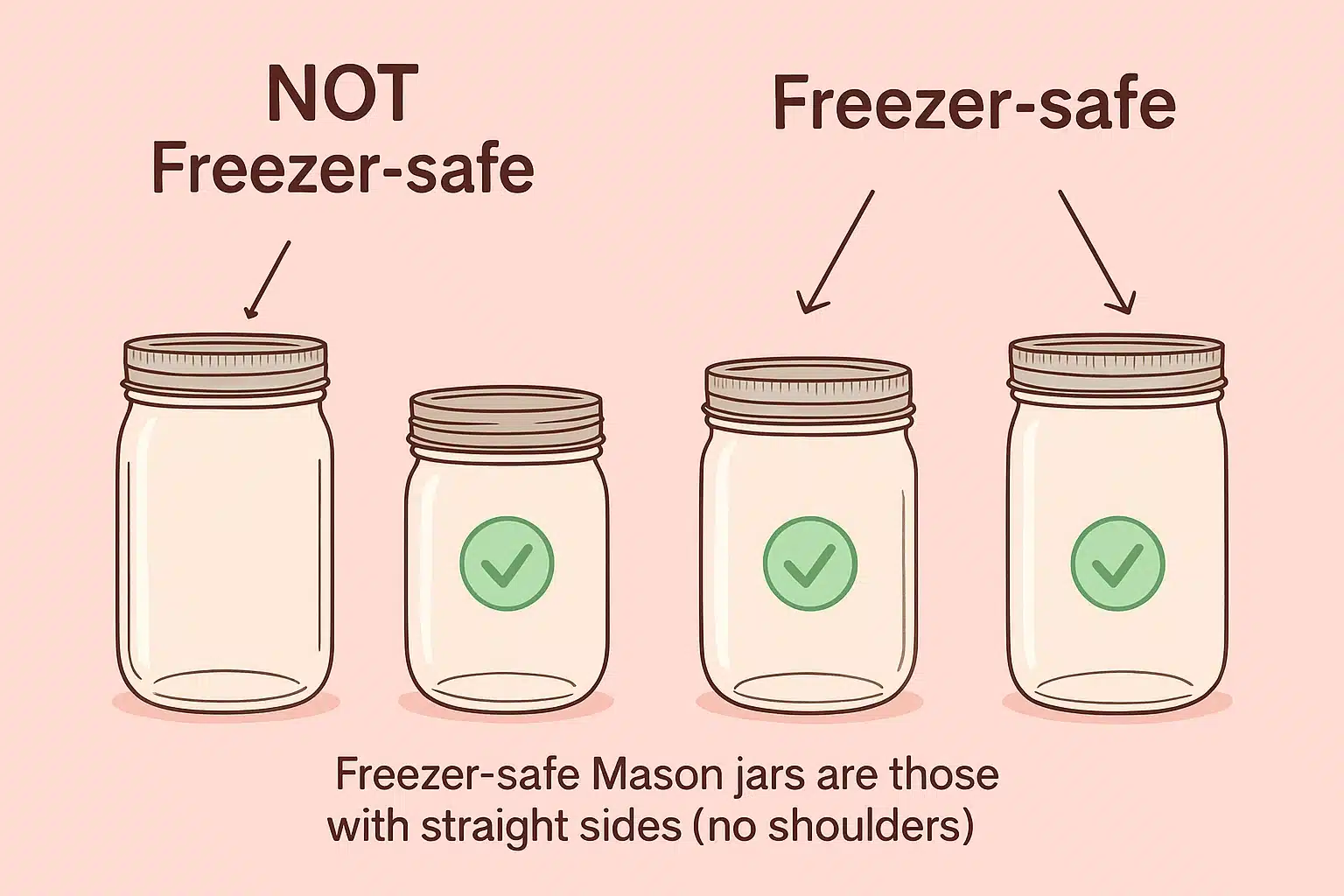 jam-recipes Illustration showing which Mason jars are freezer safe for jam recipes with straight sided jars marked as the safe choice.