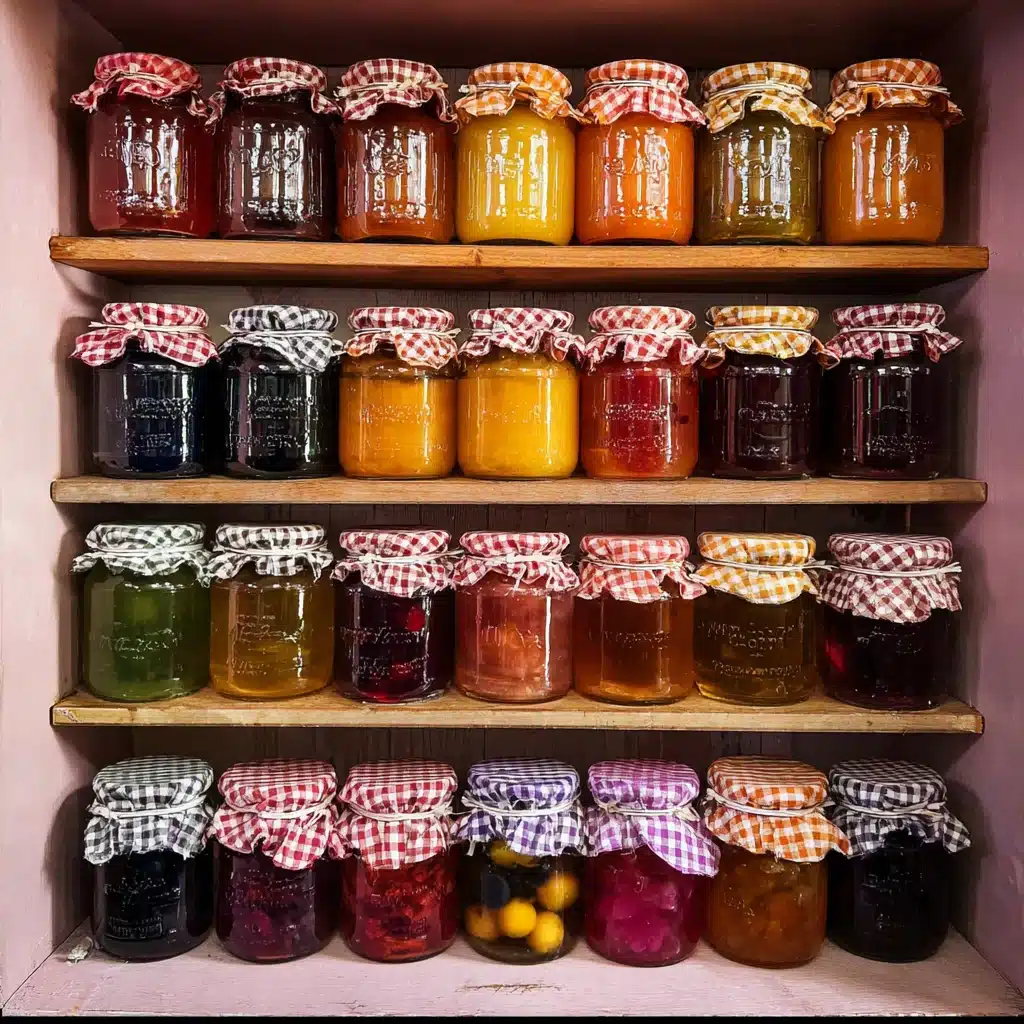 jam-recipes A pantry shelf filled with colorful homemade jam jars sealed with gingham covers showing a variety of jam recipes.
