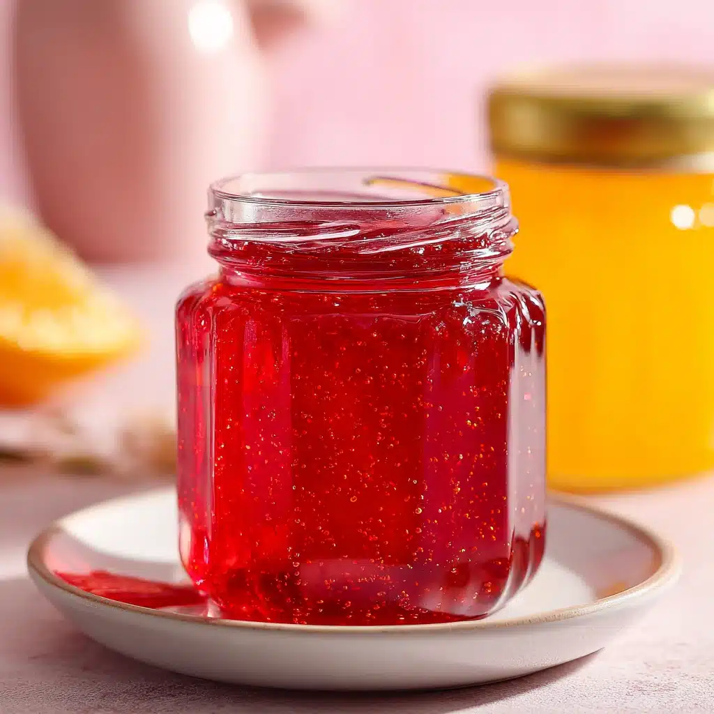 jam-recipes Close up of a jewel toned red jam in a small jar capturing the shine and texture of fresh jam recipes.