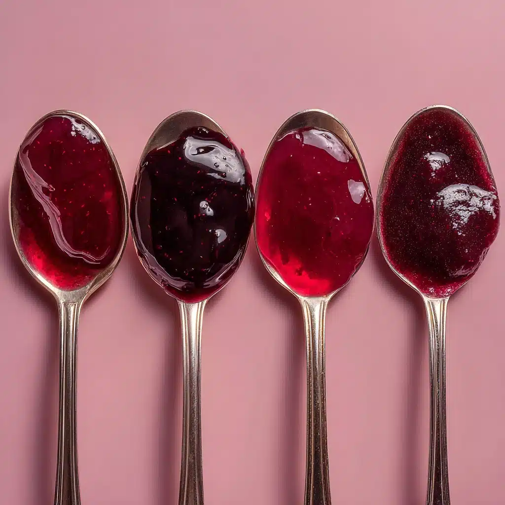 Four silver spoons filled with different red berry jams displayed on a soft pink background for jam recipes.