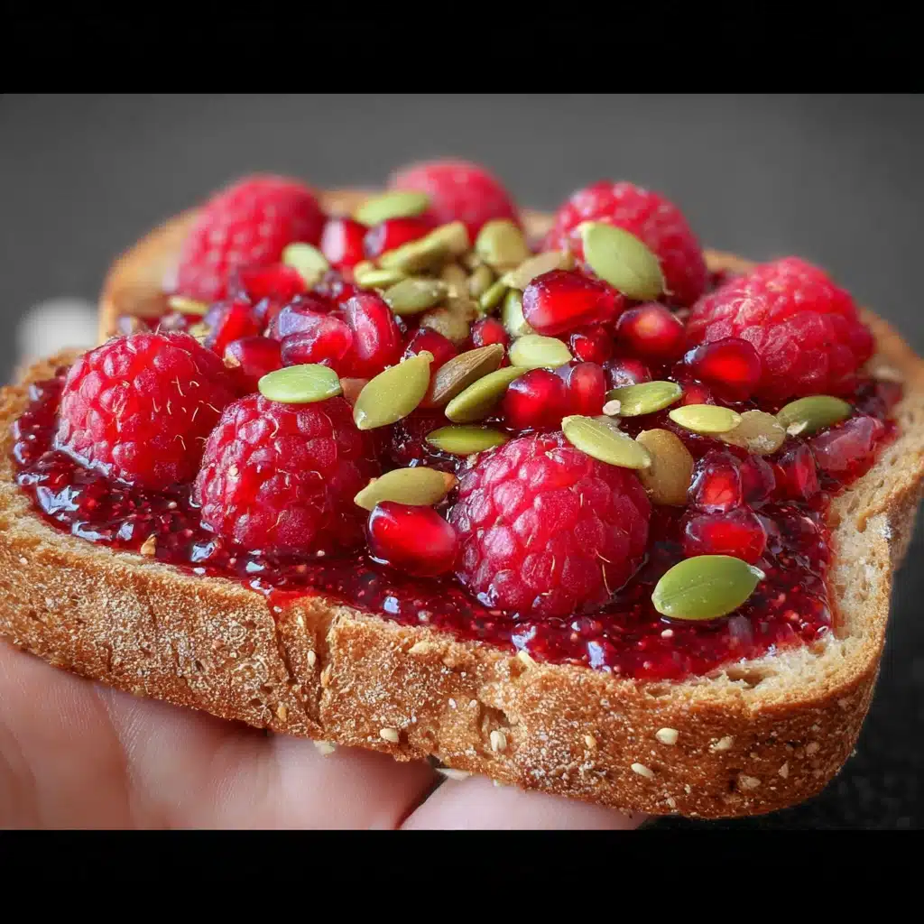 jam-recipes Whole grain toast topped with berry jam recipes and fresh raspberries with pumpkin seeds and pomegranate arils.
