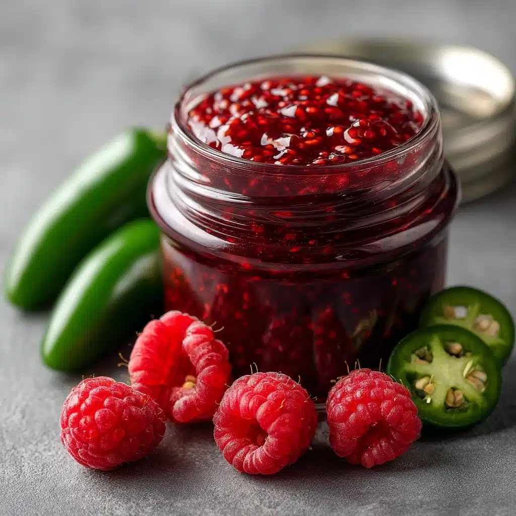 raspberry-and-jalapeno-jam Raspberry and jalapeño jam in a glass jar with a glossy deep-red finish, surrounded by fresh raspberries and sliced green jalapeños.