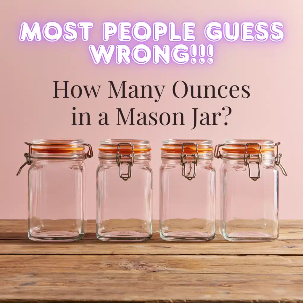 Four glass clamp-lid jars on wooden table with text about How Many Ounces in a Mason Jar